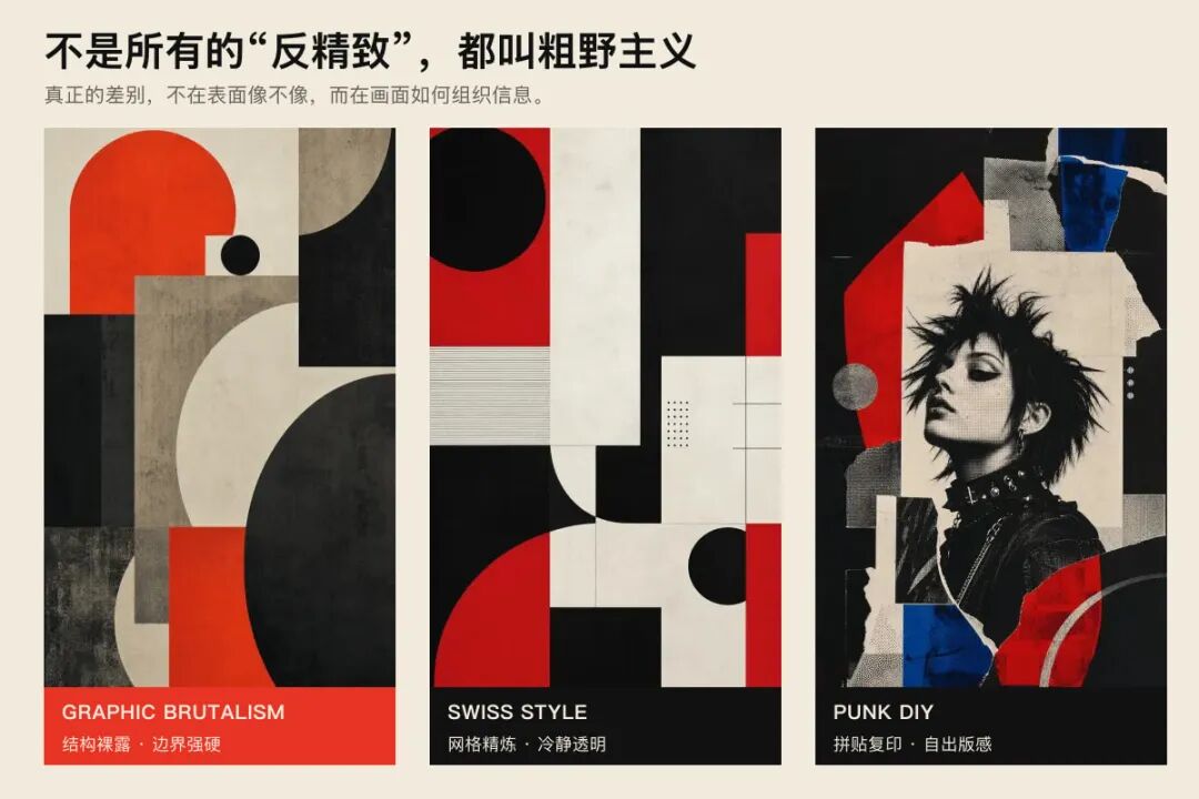 Three styles may reject polish, yet organize their images in different ways