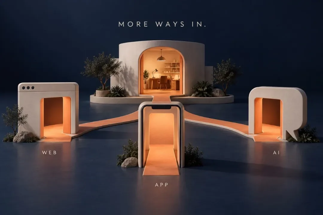 Web, apps, and AI are different entrances to the same service — concept illustration