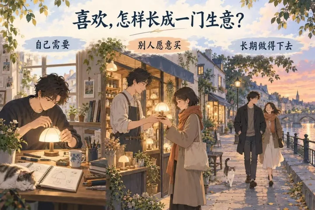 How something you love can grow into a business: you need it, other people will pay for it, and you can keep doing it over time. The original artwork contains Chinese text.