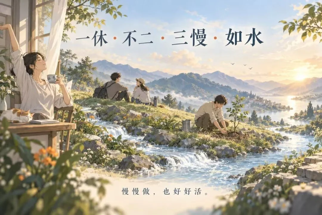 Yixiu, Buer, Sanman, and water: build slowly, and live well too. The original artwork contains Chinese text.