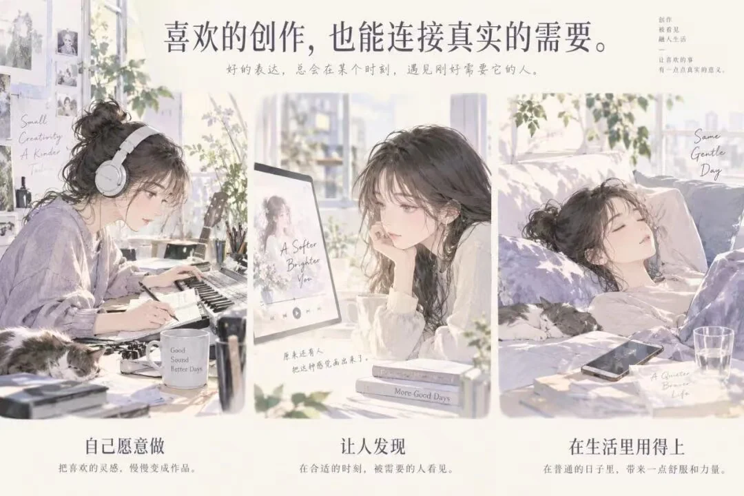 Creative work we love can meet real needs: something we want to make, people can discover, and life has room to use. The original artwork contains Chinese text.